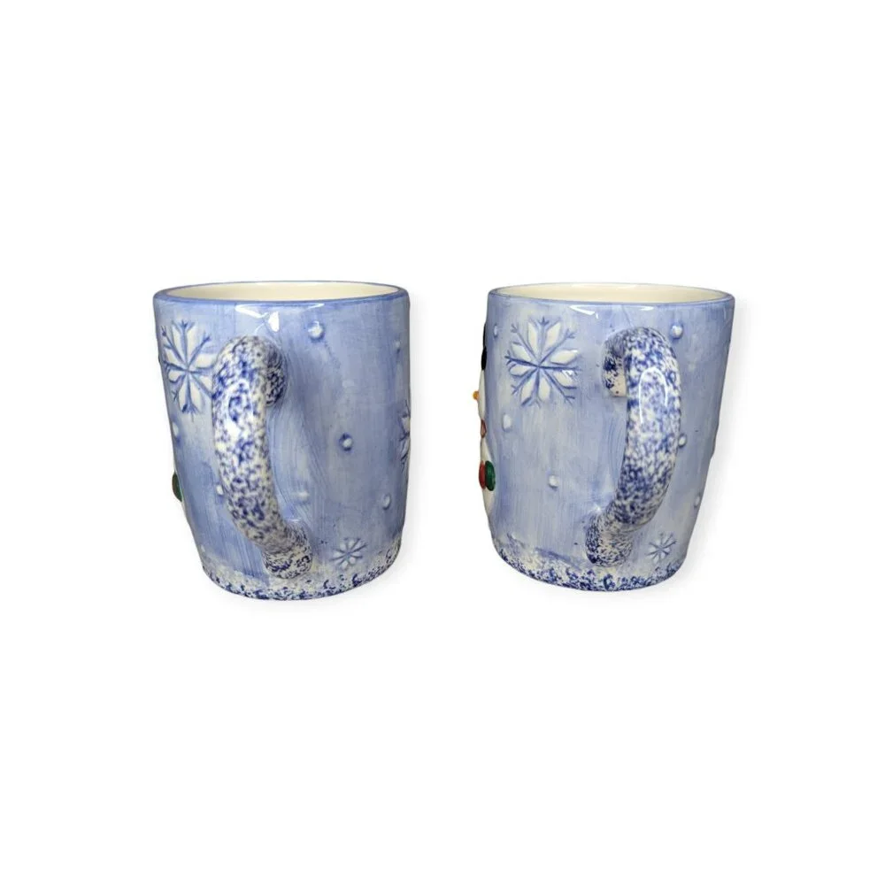 Vintage Lotus Pottery Handpainted Blue 3D Snowman Ceramic Mugs 1998 Set of 2